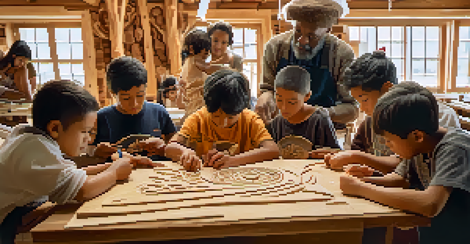 An elder instructing young learners in a carving workshop, with tools and wood shavings around them, capturing the essence of intergenerational learning.