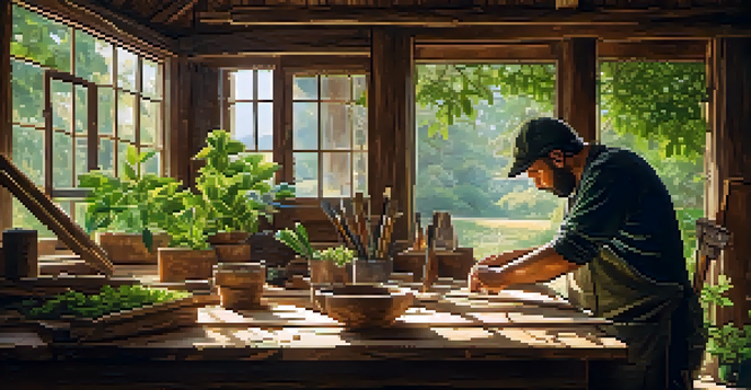 An artisan carving reclaimed wood in a sunlit workshop, surrounded by eco-friendly tools and plants.