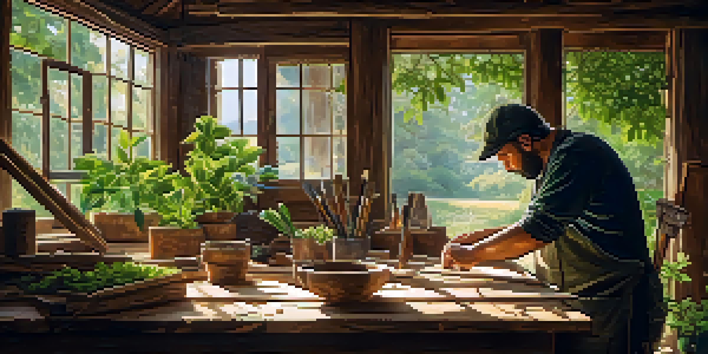 An artisan carving reclaimed wood in a sunlit workshop, surrounded by eco-friendly tools and plants.