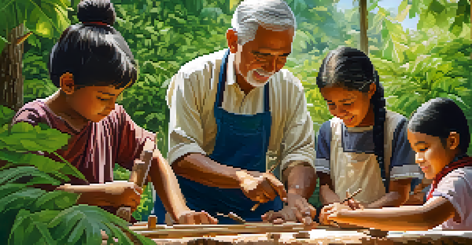 Children and elders engaging in a traditional carving workshop outside, learning and sharing skills amidst a green landscape.