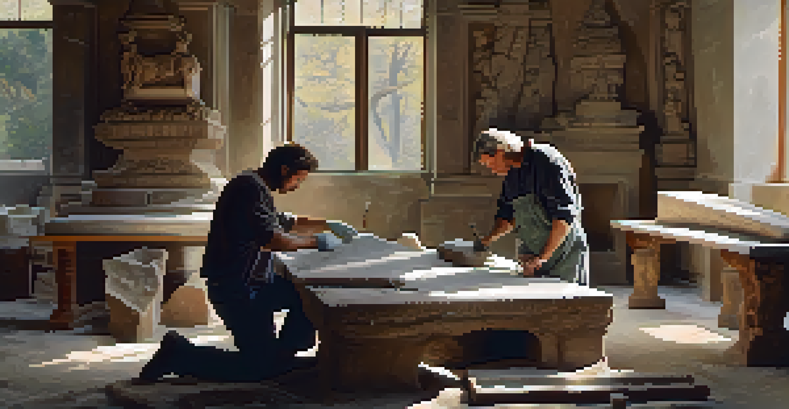 An artisan restoring an ancient stone carving, highlighting their careful techniques and tools in a sunlit workshop.
