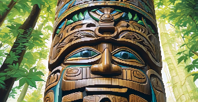 Close-up of a detailed wooden totem pole surrounded by greenery and soft sunlight.