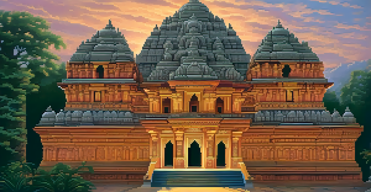 An ornate Hindu temple facade with intricate deity carvings, bathed in the warm glow of sunset and a twilight sky.