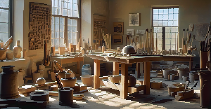 A sculptor working with clay in a well-lit workshop, surrounded by tools and sculptures.