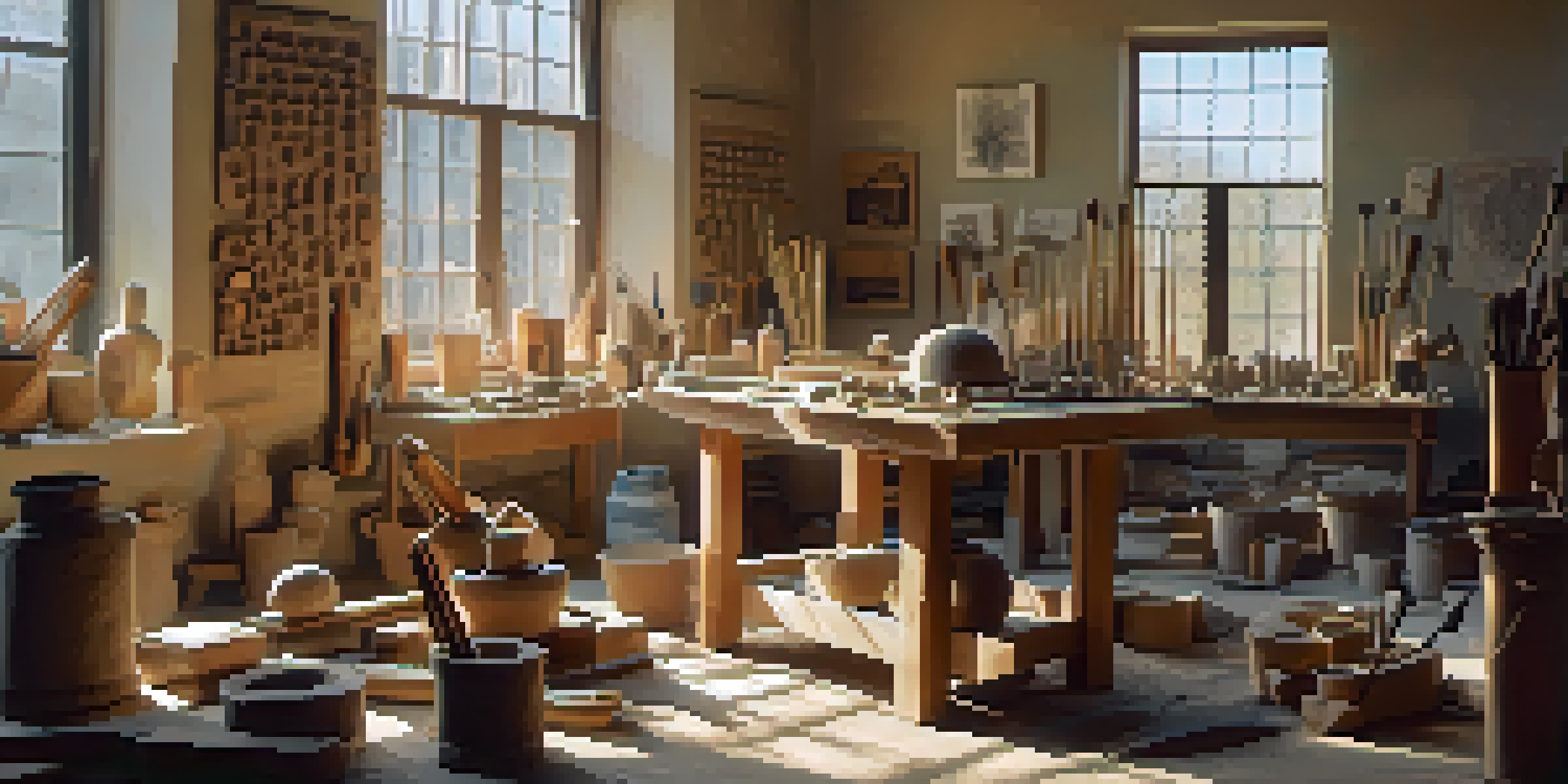 A sculptor working with clay in a well-lit workshop, surrounded by tools and sculptures.