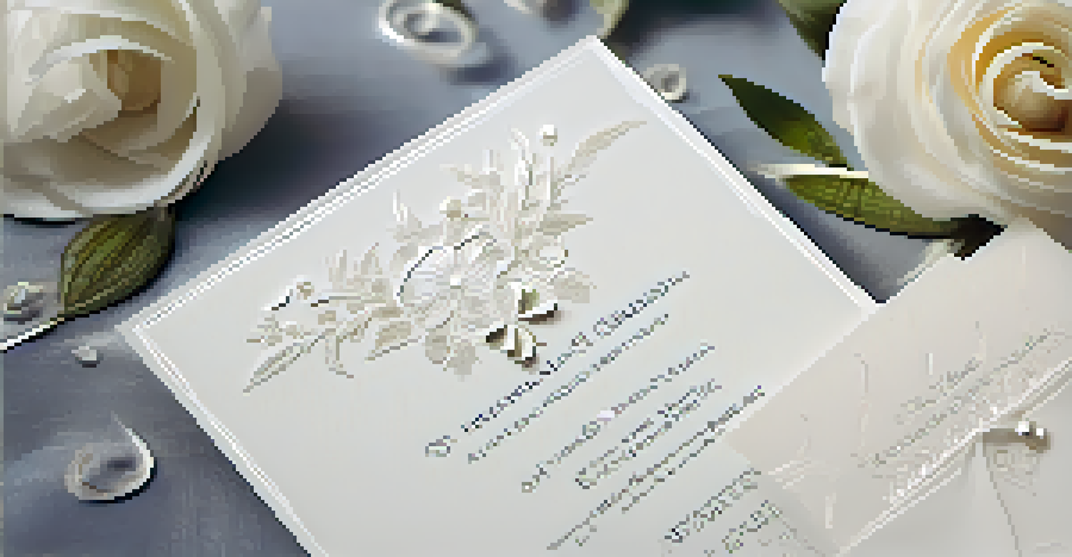 A close-up view of an engraved wedding invitation with delicate lettering and floral designs, featuring a subtle sheen.