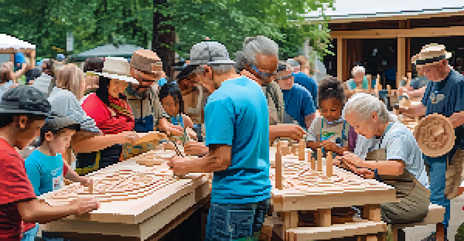 A community workshop with people of all ages carving wood outdoors, surrounded by colorful decorations and finished artworks.