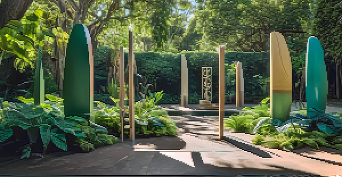 Beautiful outdoor sculptures made from eco-friendly materials, surrounded by greenery and dappled sunlight.