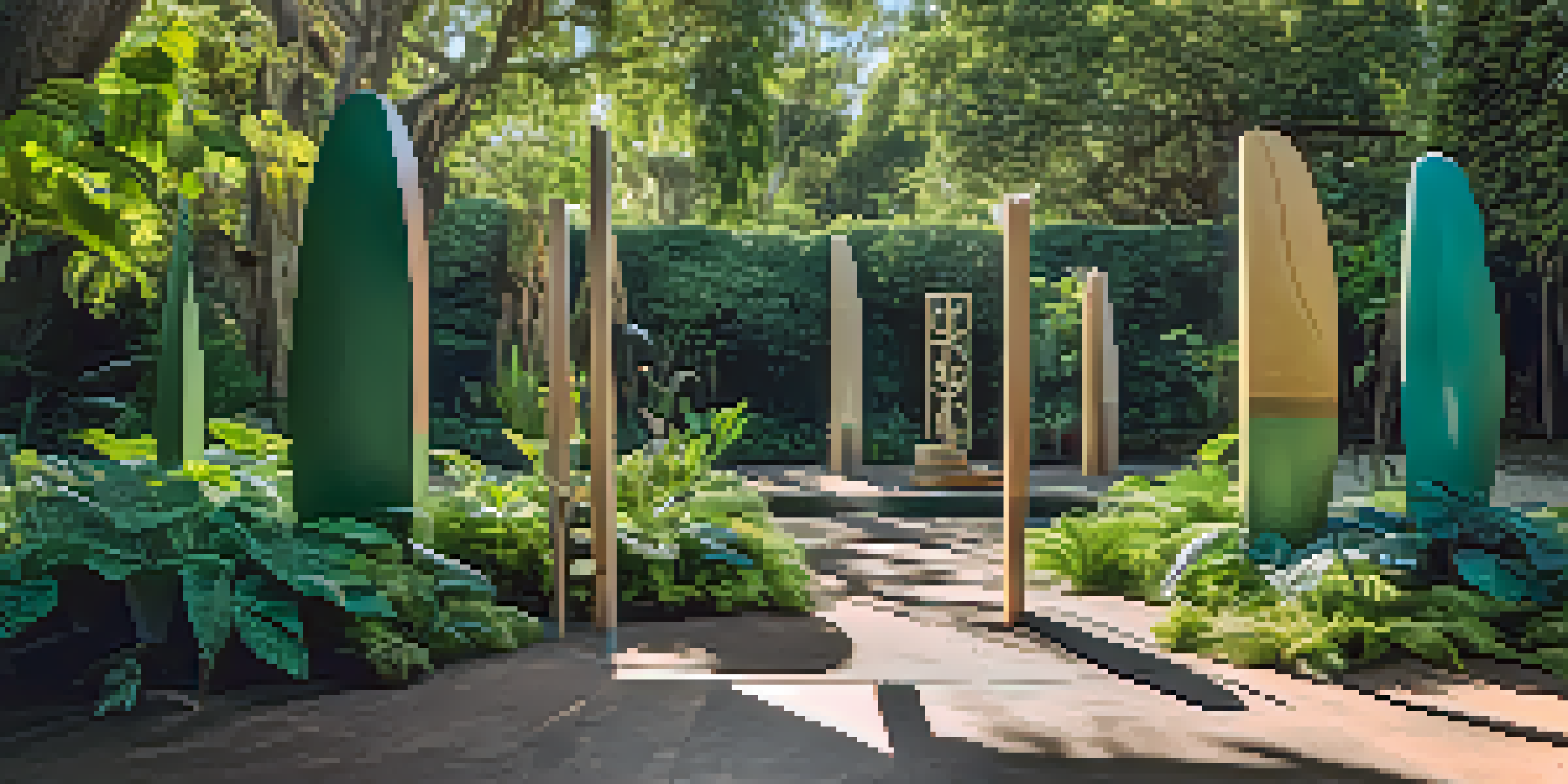 Beautiful outdoor sculptures made from eco-friendly materials, surrounded by greenery and dappled sunlight.