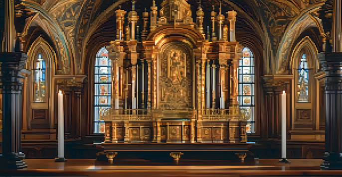 A close-up view of an ornate Baroque wooden altar with intricate carvings, illuminated by warm light from stained glass windows.