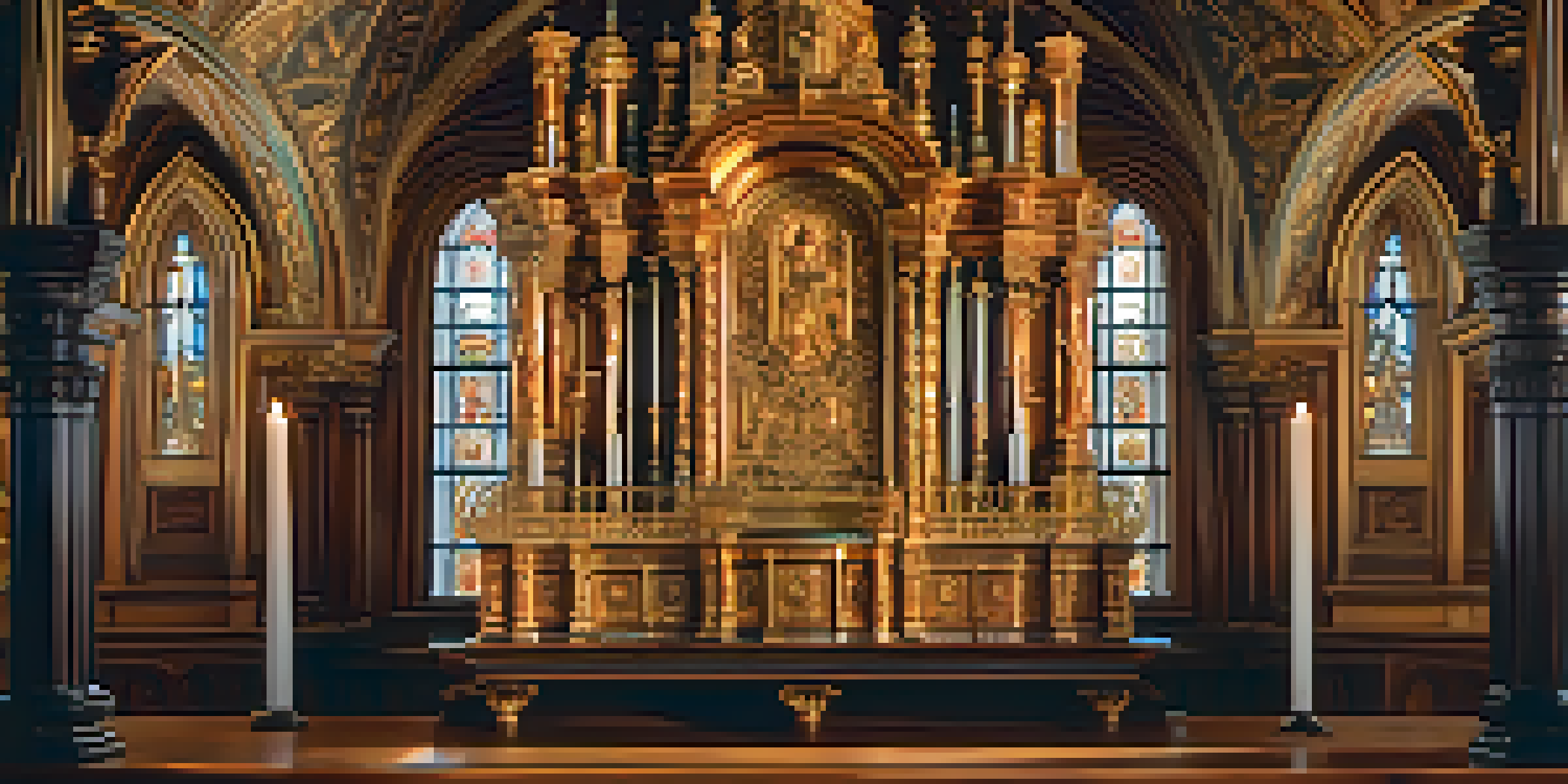 A close-up view of an ornate Baroque wooden altar with intricate carvings, illuminated by warm light from stained glass windows.