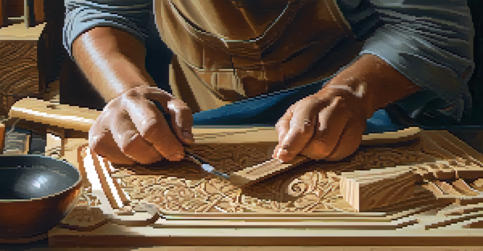 A close-up of an artisan carving wood, showcasing intricate details and traditional tools in a softly lit workspace.