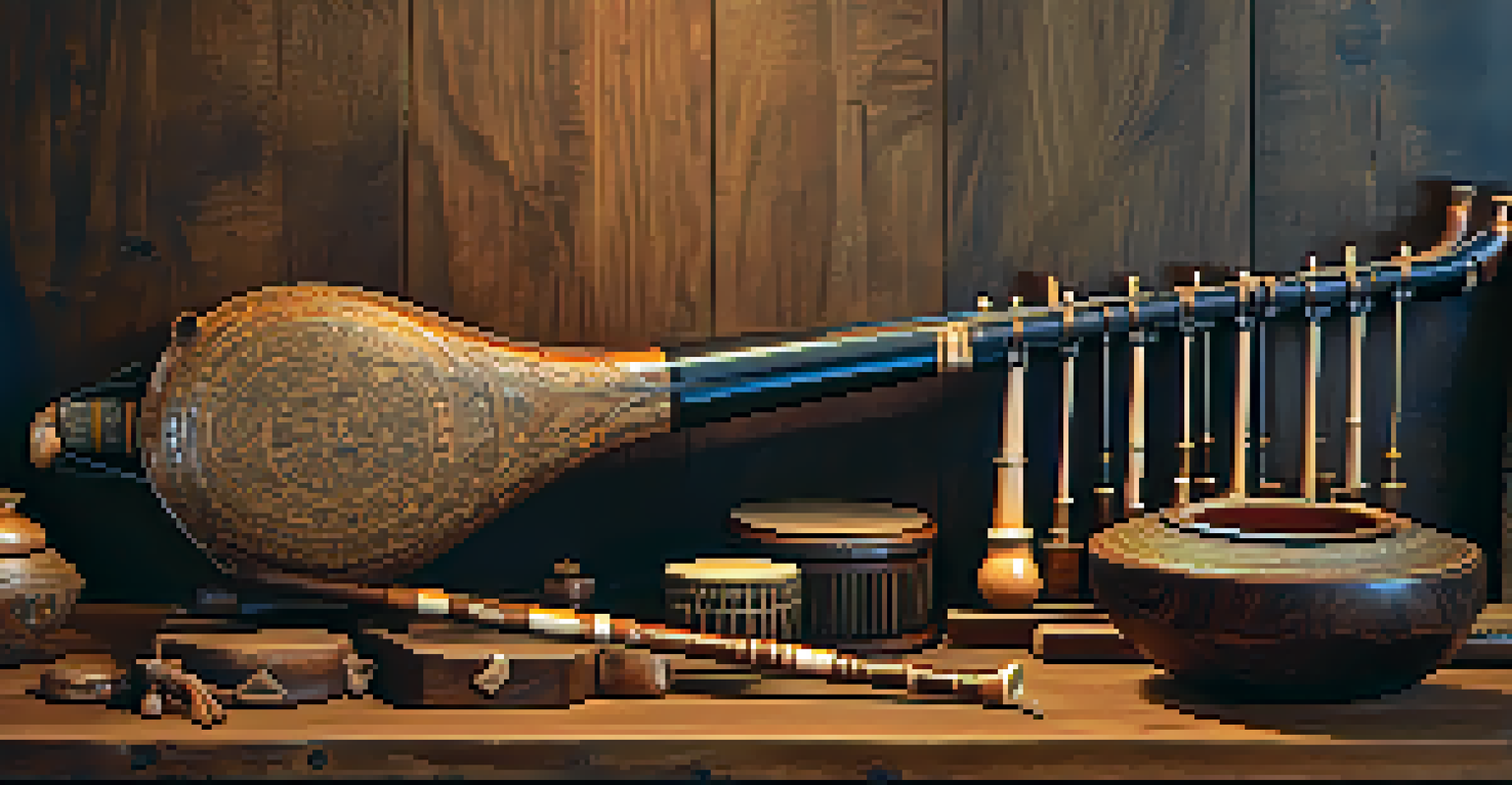 A collection of carved musical instruments from different cultures displayed on a rustic wooden table.