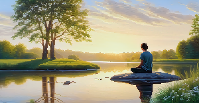 A person practicing mindfulness by a calm river at dawn, surrounded by trees and wildflowers.