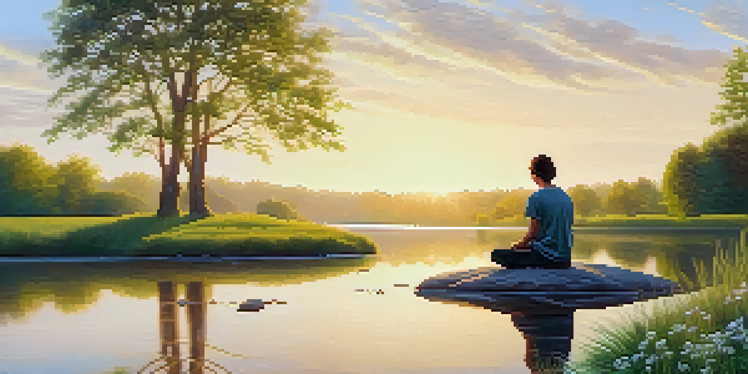 A person practicing mindfulness by a calm river at dawn, surrounded by trees and wildflowers.