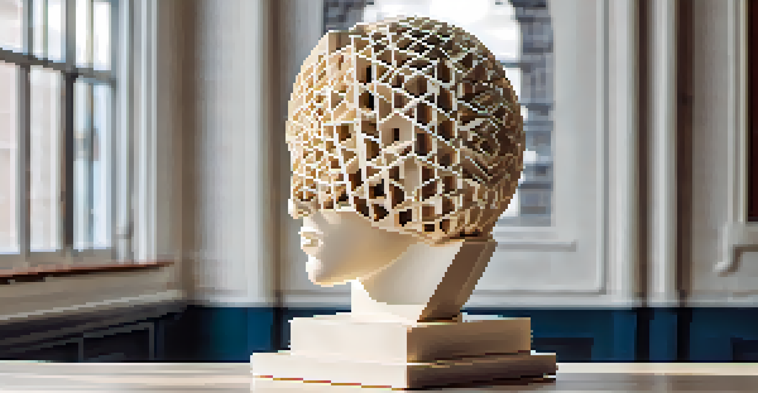 A colorful 3D printed sculpture on a pedestal in an art studio, highlighting its complex geometric shapes and textures.