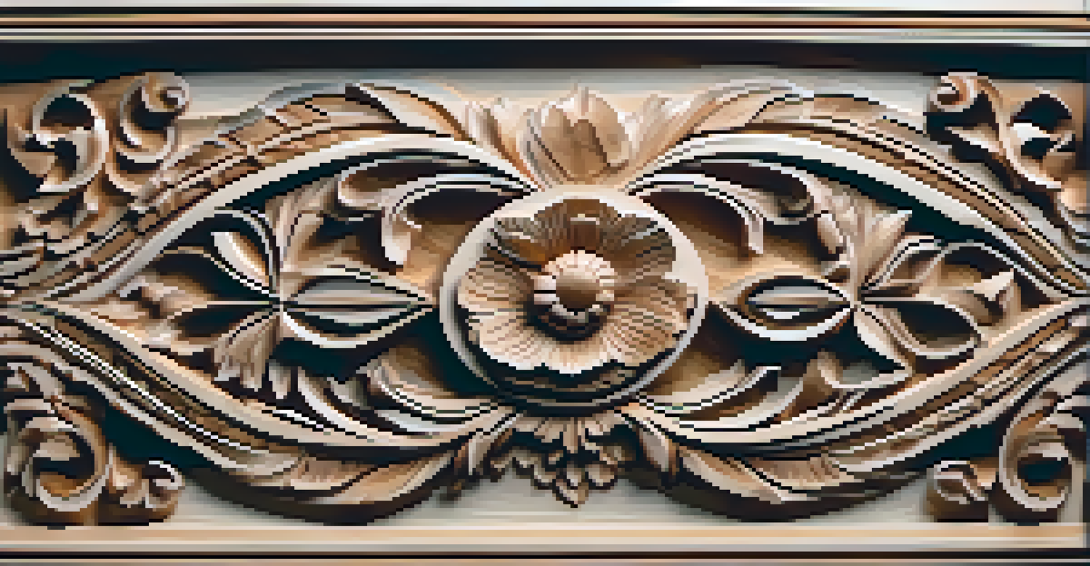 Close-up of a carved wooden relief with floral patterns, showcasing intricate details and a polished finish.