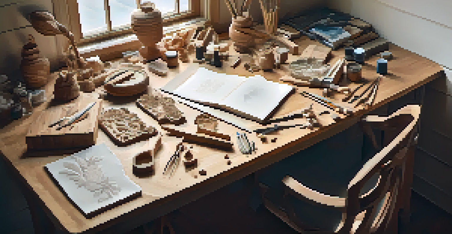 An overhead view of a carving artist's workspace with tools, wood shavings, and a sculpture in progress, illuminated by soft light.