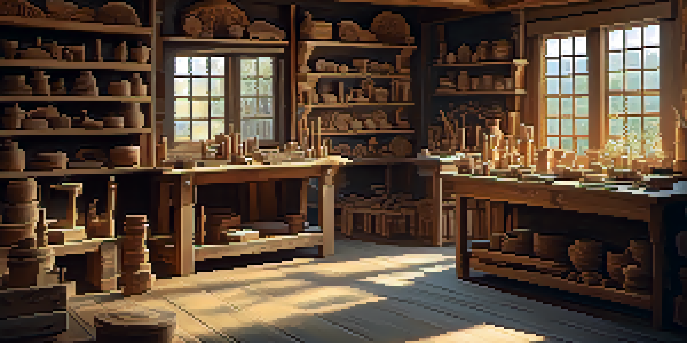 A bright artisan workshop featuring various wood and stone carvings, with tools and materials strewn about, creating a warm and welcoming environment.