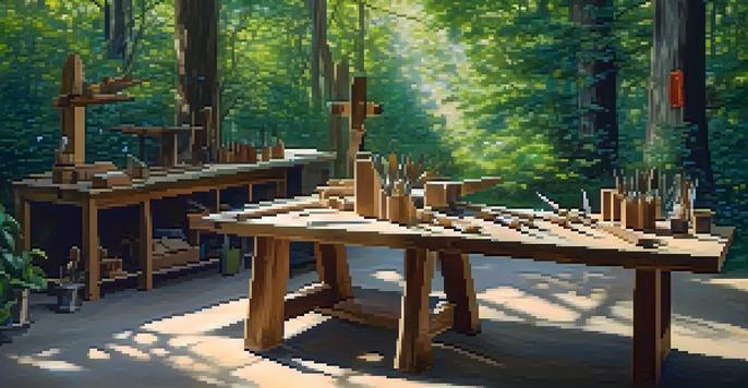 A peaceful outdoor carving workspace with a wooden bench, carving tools, and soft sunlight filtering through trees.