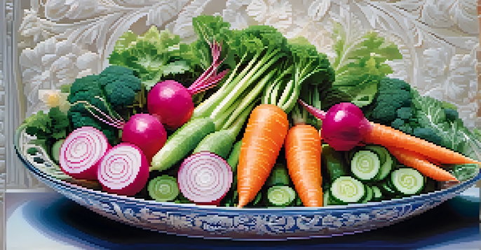 A vibrant vegetable carving centerpiece with flowers made from radishes, carrots, and cucumbers arranged in a dish filled with ice.