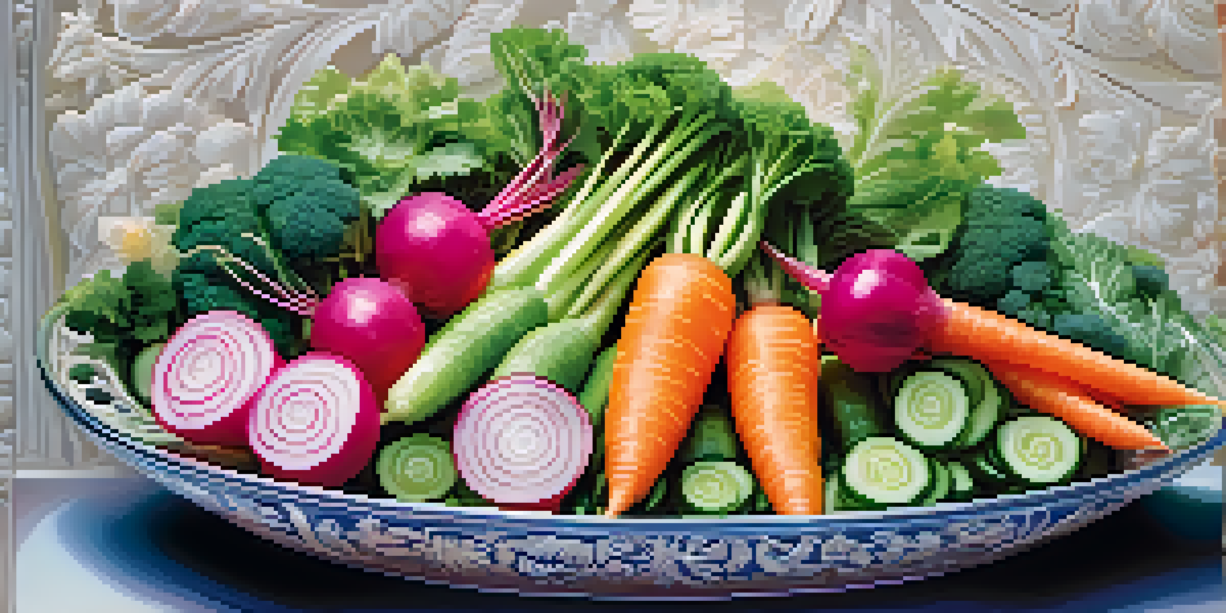 A vibrant vegetable carving centerpiece with flowers made from radishes, carrots, and cucumbers arranged in a dish filled with ice.