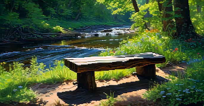 A wooden bench carved from a fallen tree in a lush forest, with sunlight filtering through the leaves and a stream flowing nearby.