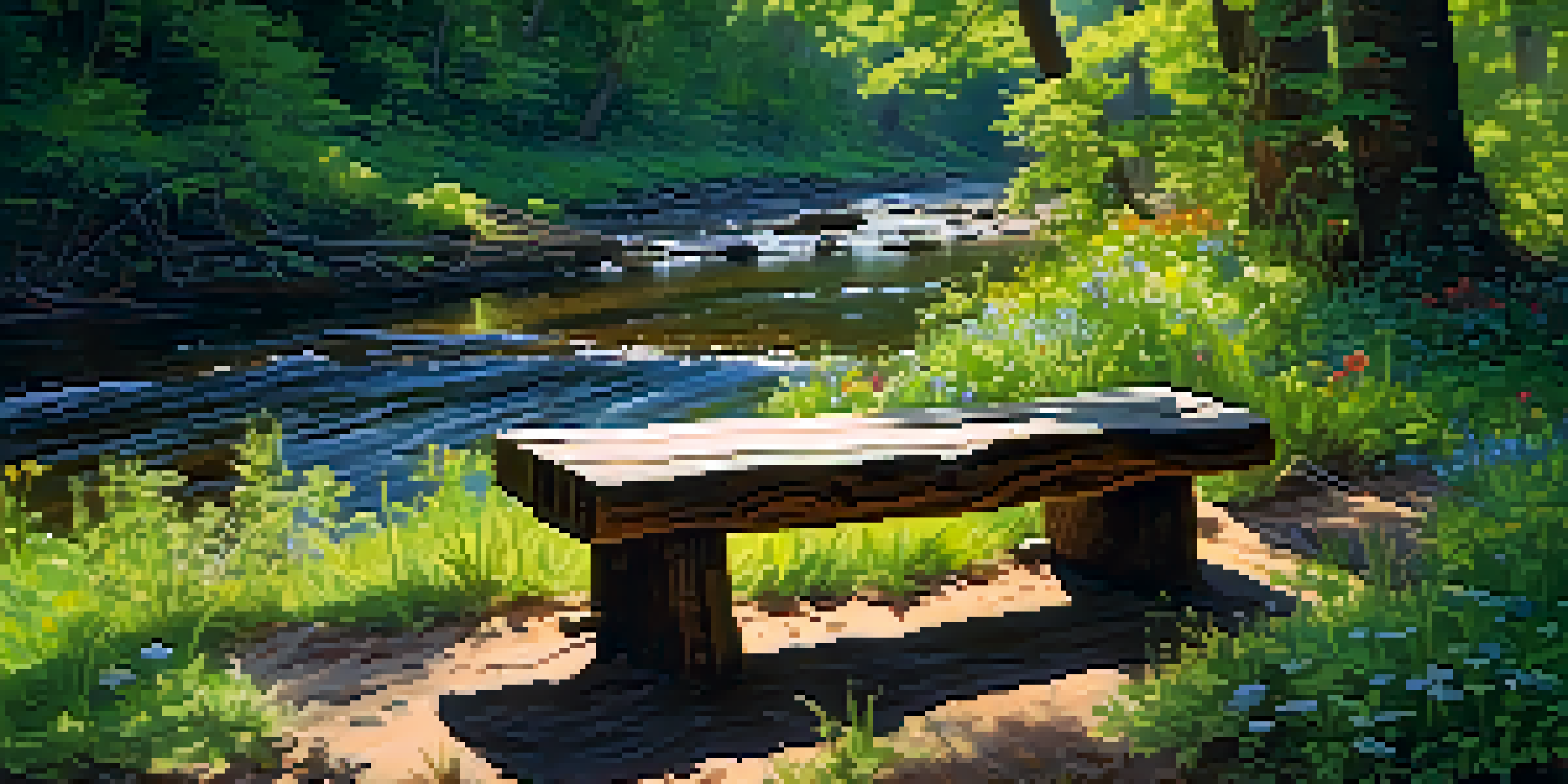 A wooden bench carved from a fallen tree in a lush forest, with sunlight filtering through the leaves and a stream flowing nearby.