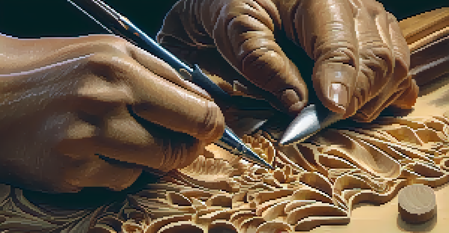 A close-up view of hands carving wood, showcasing the intricate details and tools used in the carving process.