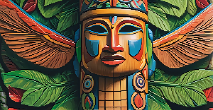 Close-up image of a colorful totem pole with detailed carvings, surrounded by a green forest and filtered sunlight.