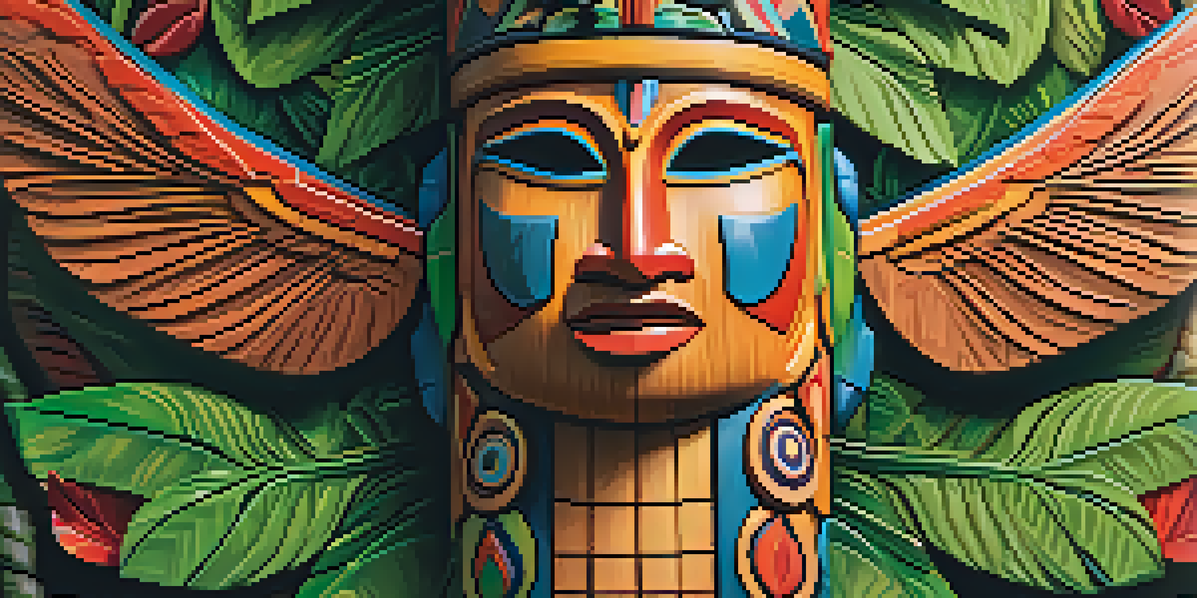 Close-up image of a colorful totem pole with detailed carvings, surrounded by a green forest and filtered sunlight.