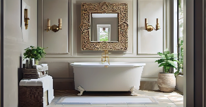 A carved stone mirror frame in a serene bathroom with natural light and green plants.