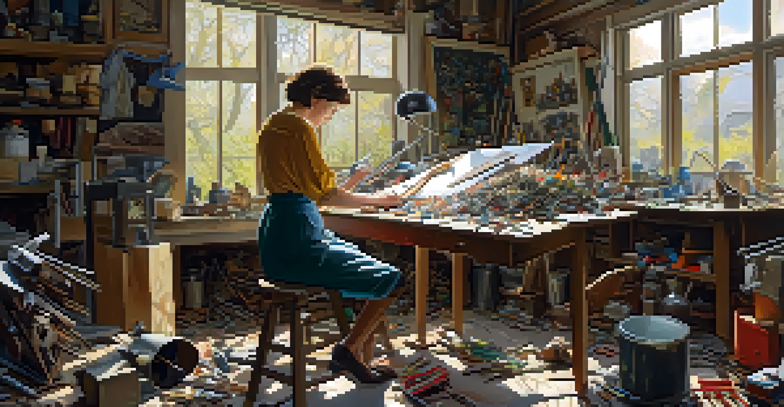 An artist working in a workshop filled with discarded materials, creating a bird sculpture, with sunlight streaming in from a window.