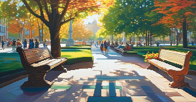 A carved wooden bench in a colorful city park with shaped trees and people chatting in a sunny environment.