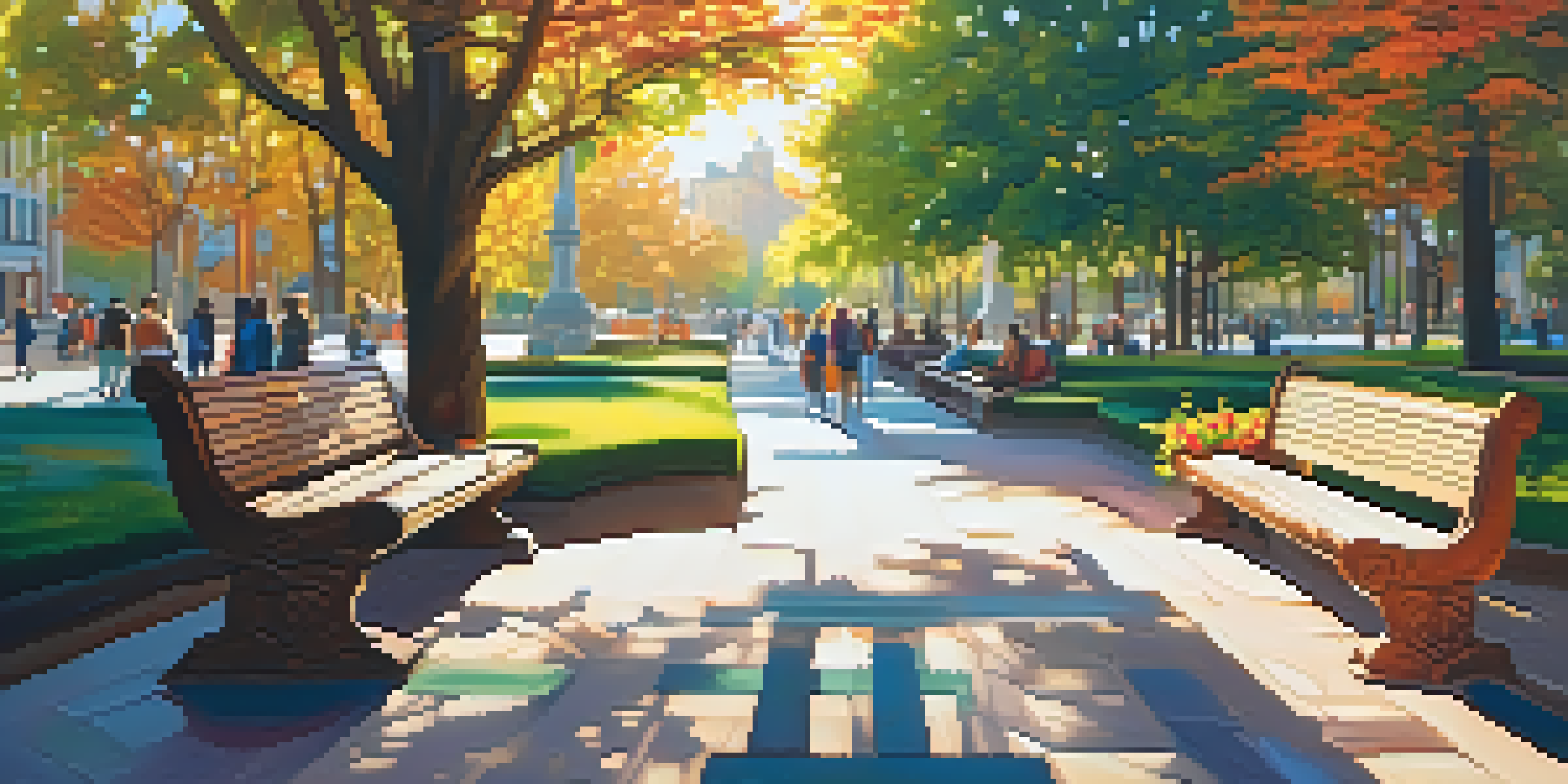 A carved wooden bench in a colorful city park with shaped trees and people chatting in a sunny environment.