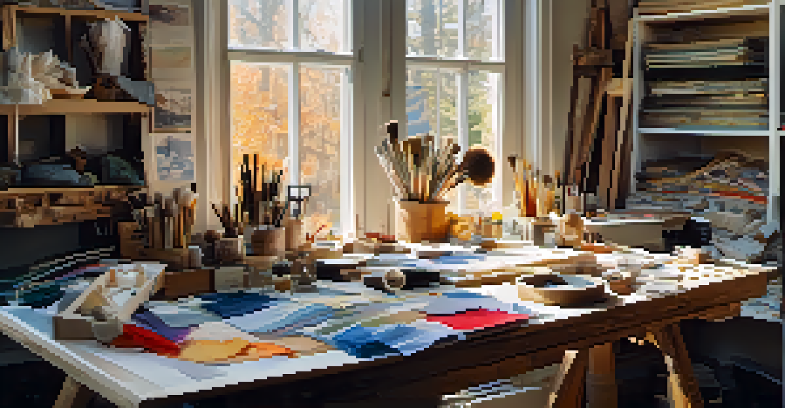 An artist's workspace cluttered with fabric samples and tools, showcasing eco-friendly materials and remnants being transformed into new designs.