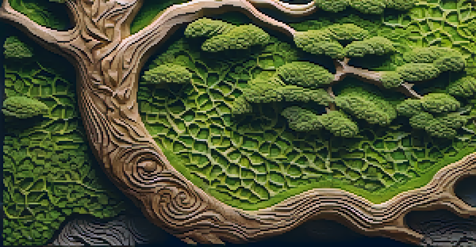 A close-up of a wooden carving of a tree with detailed leaf patterns, set against moss and stones.