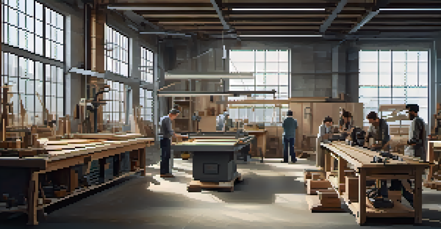 A modern restoration workshop showing artisans using advanced tools and technology alongside traditional methods for restoration projects.