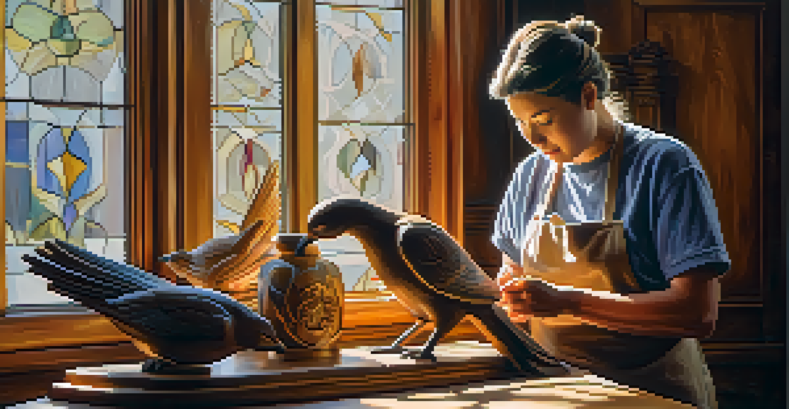 Artist applying finishing touches to a carved wooden bird statue in warm sunlight.