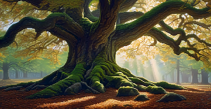 A gnarled oak tree in a serene forest with sunlight filtering through the leaves, an artist sketching nearby.