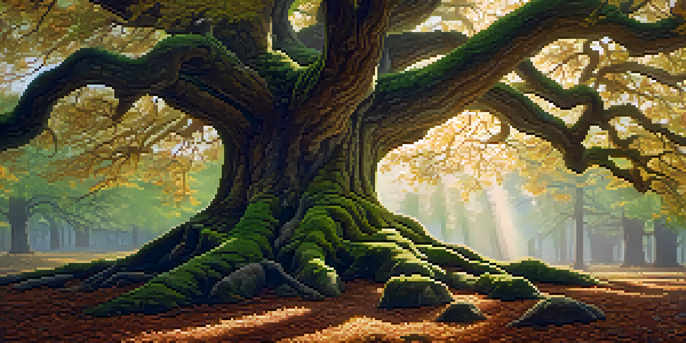 A gnarled oak tree in a serene forest with sunlight filtering through the leaves, an artist sketching nearby.