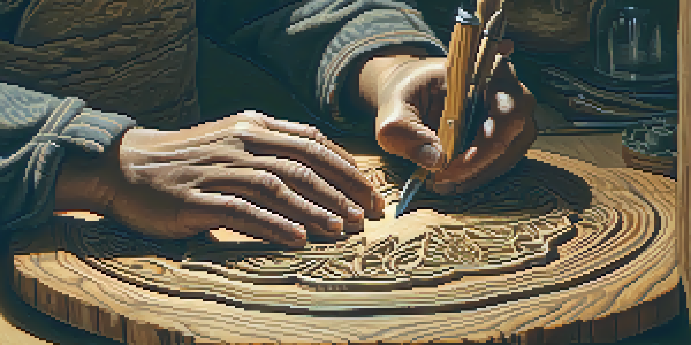 An artisan's hands carving intricate patterns into wood, with tools around, illuminated by natural light.