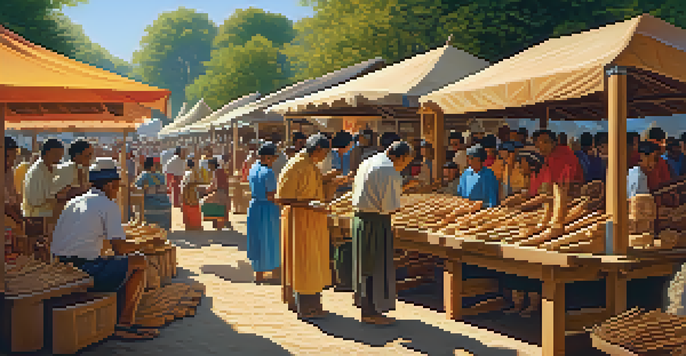 A bustling cultural festival with artisans demonstrating traditional wood carving, surrounded by colorful stalls and diverse participants.