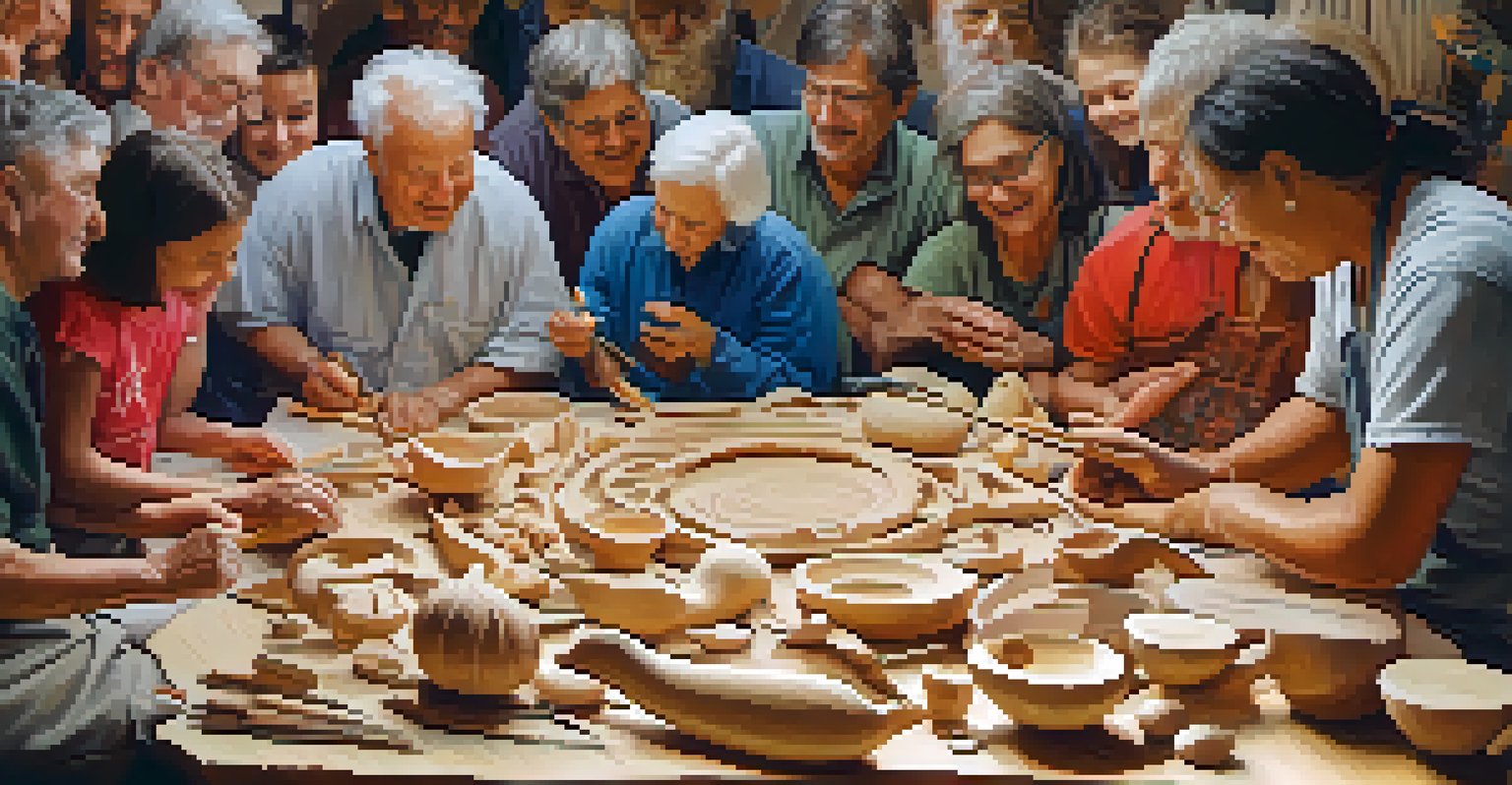 A community gathering of artisans sharing carving techniques, with a diverse group of people engaged in lively discussions and surrounded by tools.