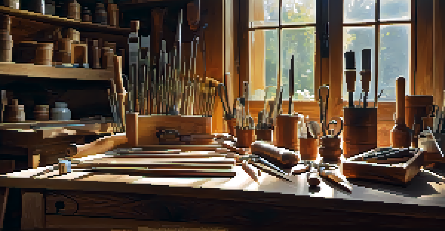 A workshop with neatly arranged carving tools on a workbench and a partially carved antique furniture piece in the background.