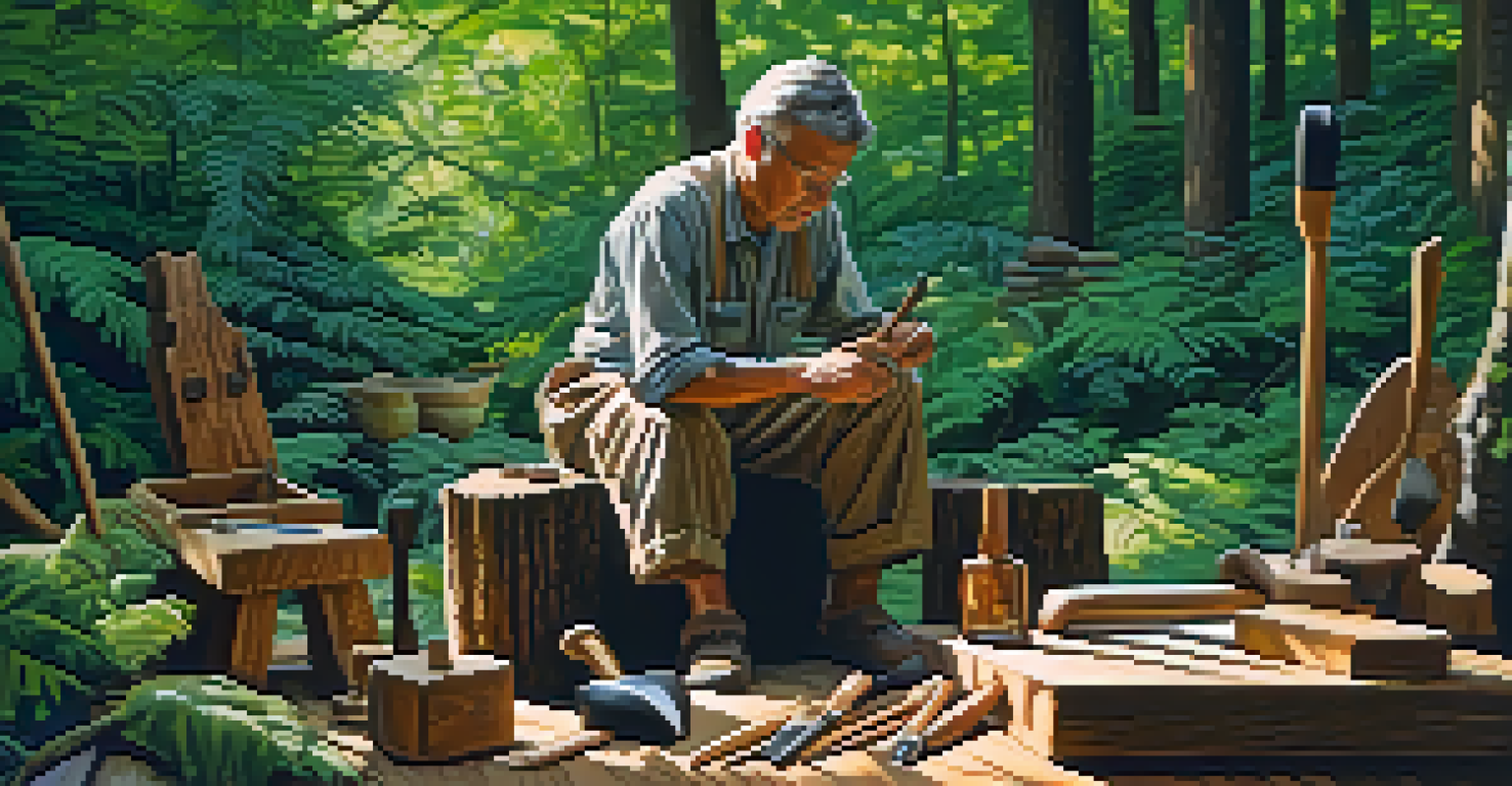 A wood carver working in a forest, surrounded by tools and sunlight filtering through the trees.