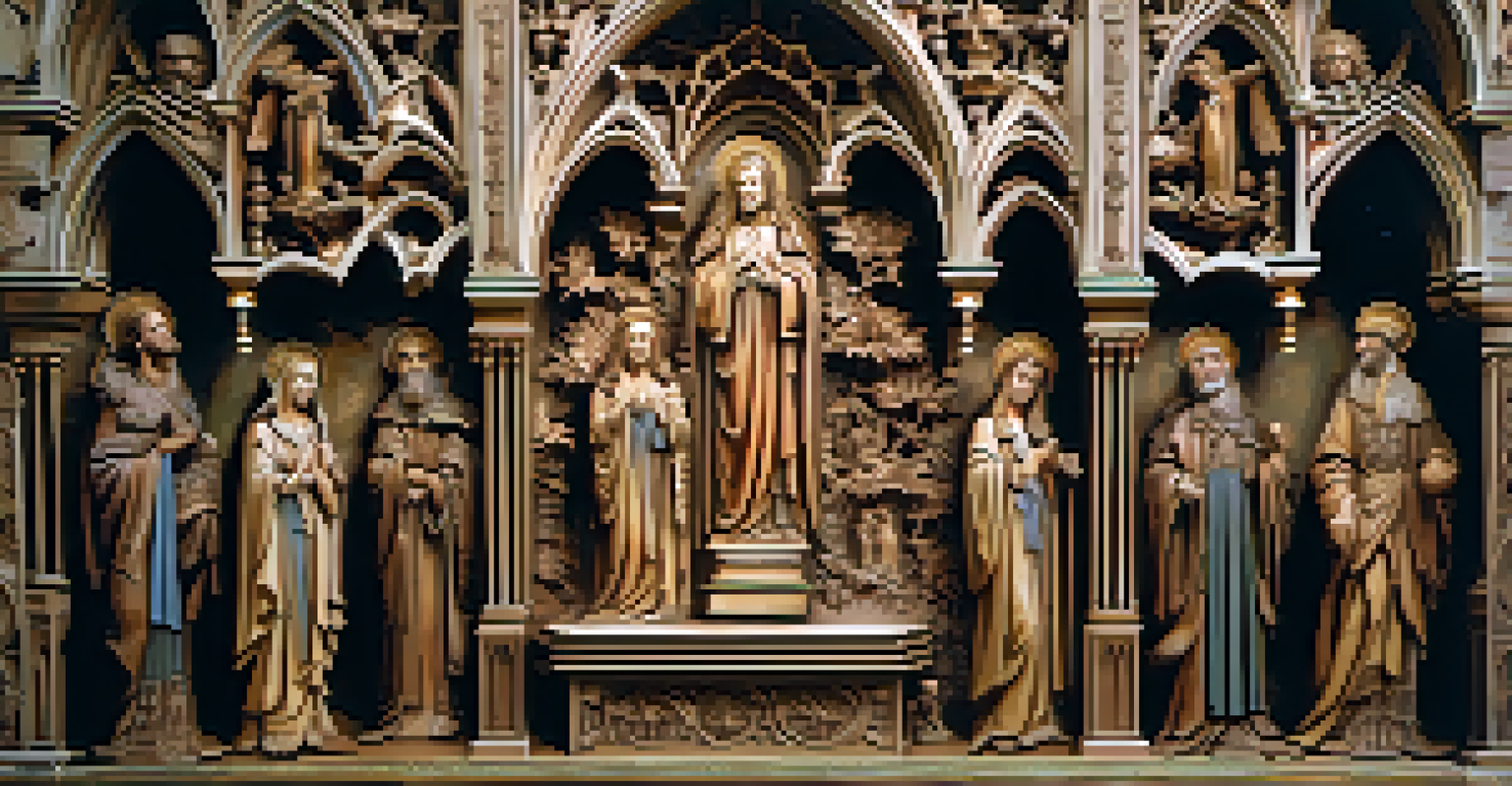 A Gothic woodcarving altarpiece with elongated figures and intricate foliage patterns.