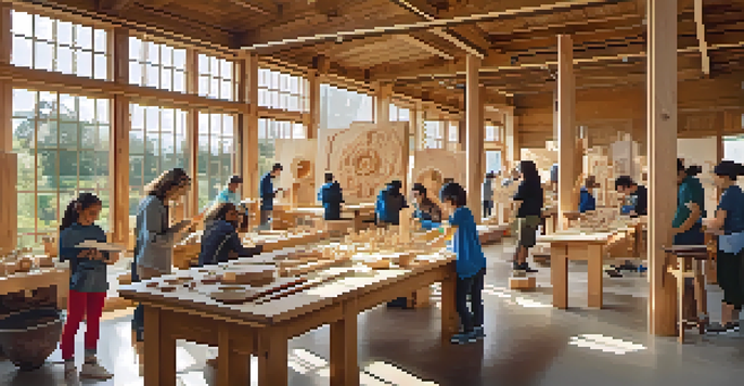 A lively workshop with diverse participants actively engaged in carving art, using both digital tools and traditional methods in a bright room filled with sculptures.