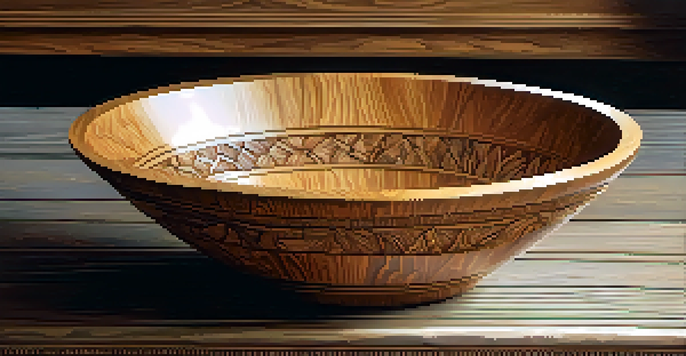 A detailed view of a wooden decorative bowl with intricate carvings displayed on a rustic wooden table under natural light.