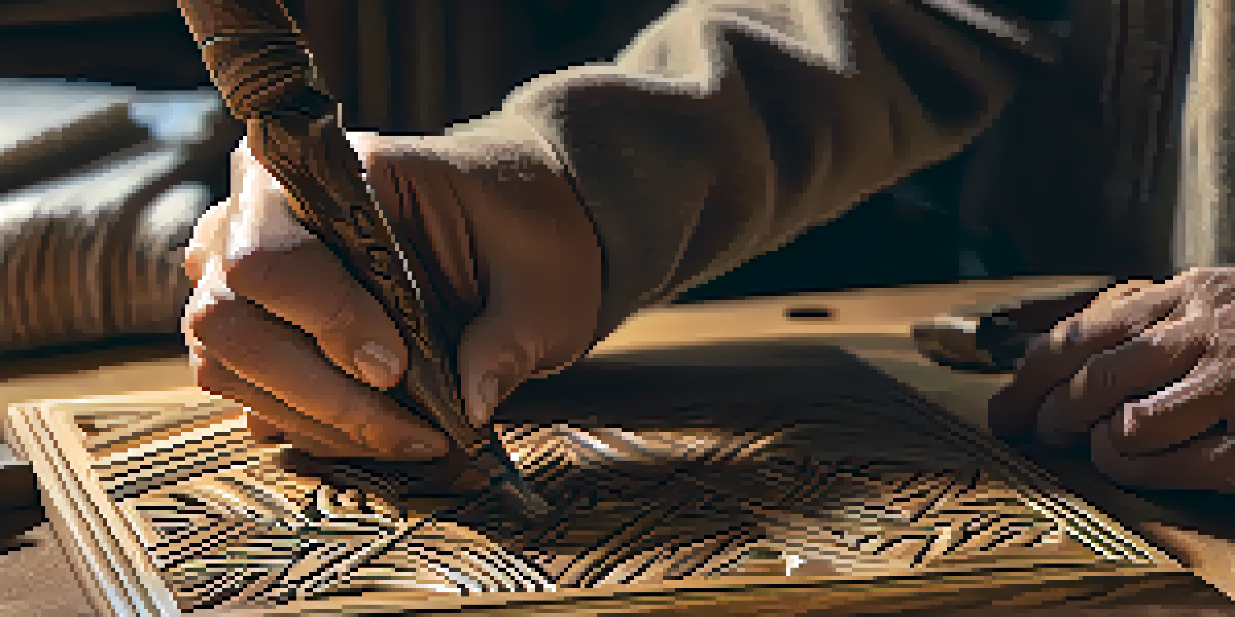 An artisan working on a wooden sculpture, highlighting their hands and the intricate carvings.